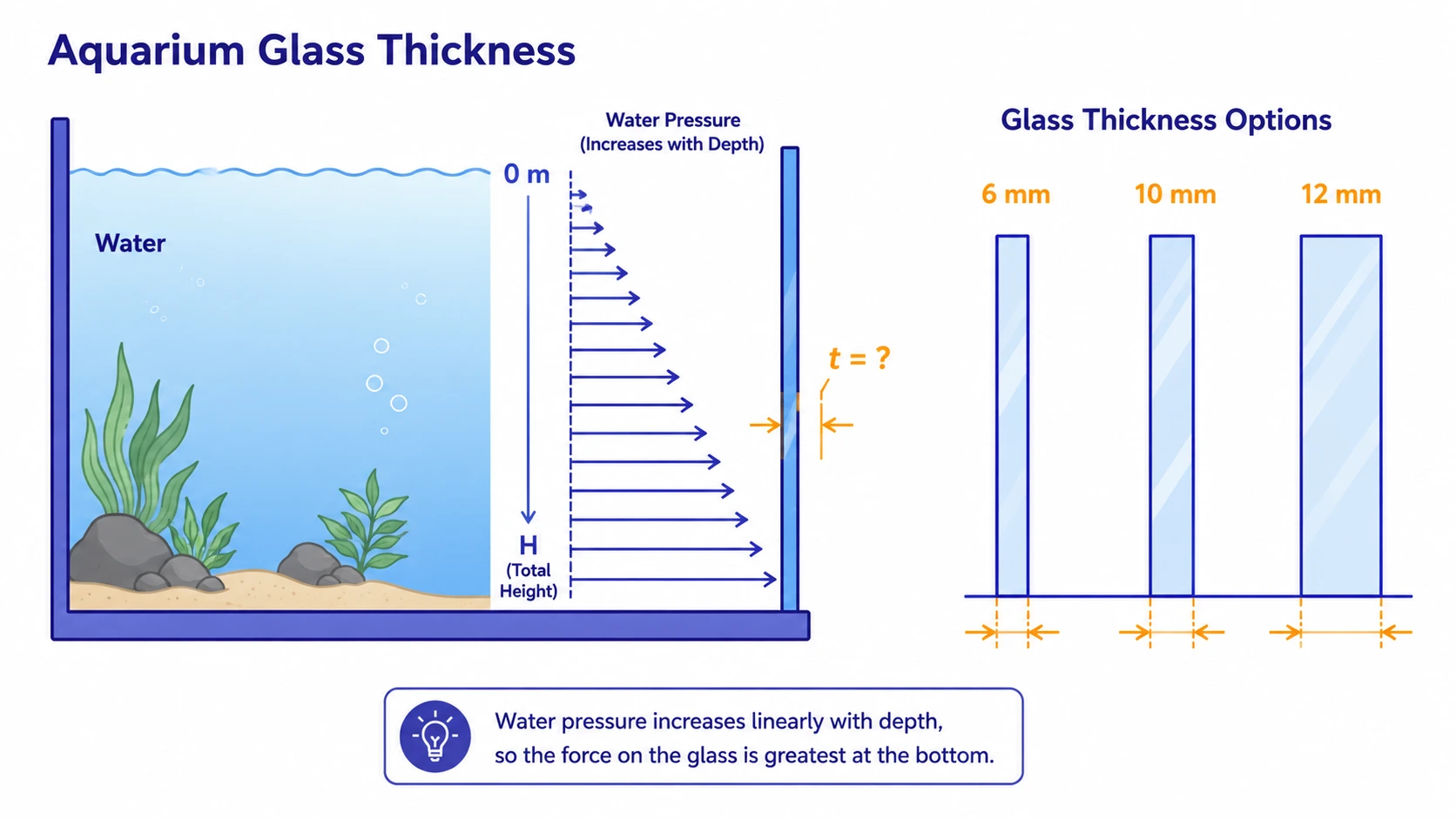 Aquarium glass thickness diagram: water pressure arrows growing longer with depth against the tank pane, H marked as total water height and t as the unknown thickness, with 6 mm, 10 mm and 12 mm pane options compared