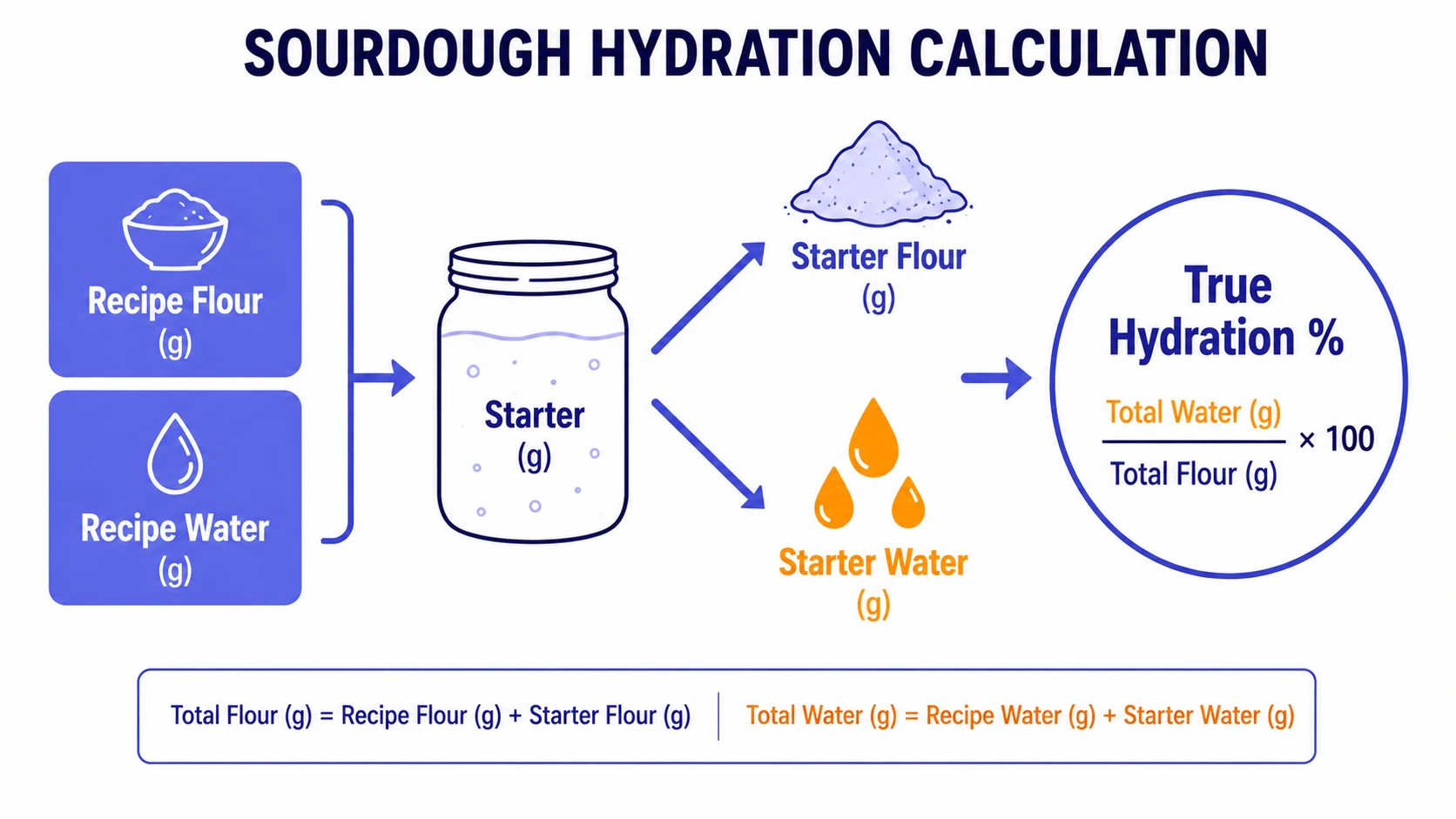 Sourdough hydration calculator diagram showing how recipe flour and water combine with starter flour and starter water to calculate true dough hydration percentage